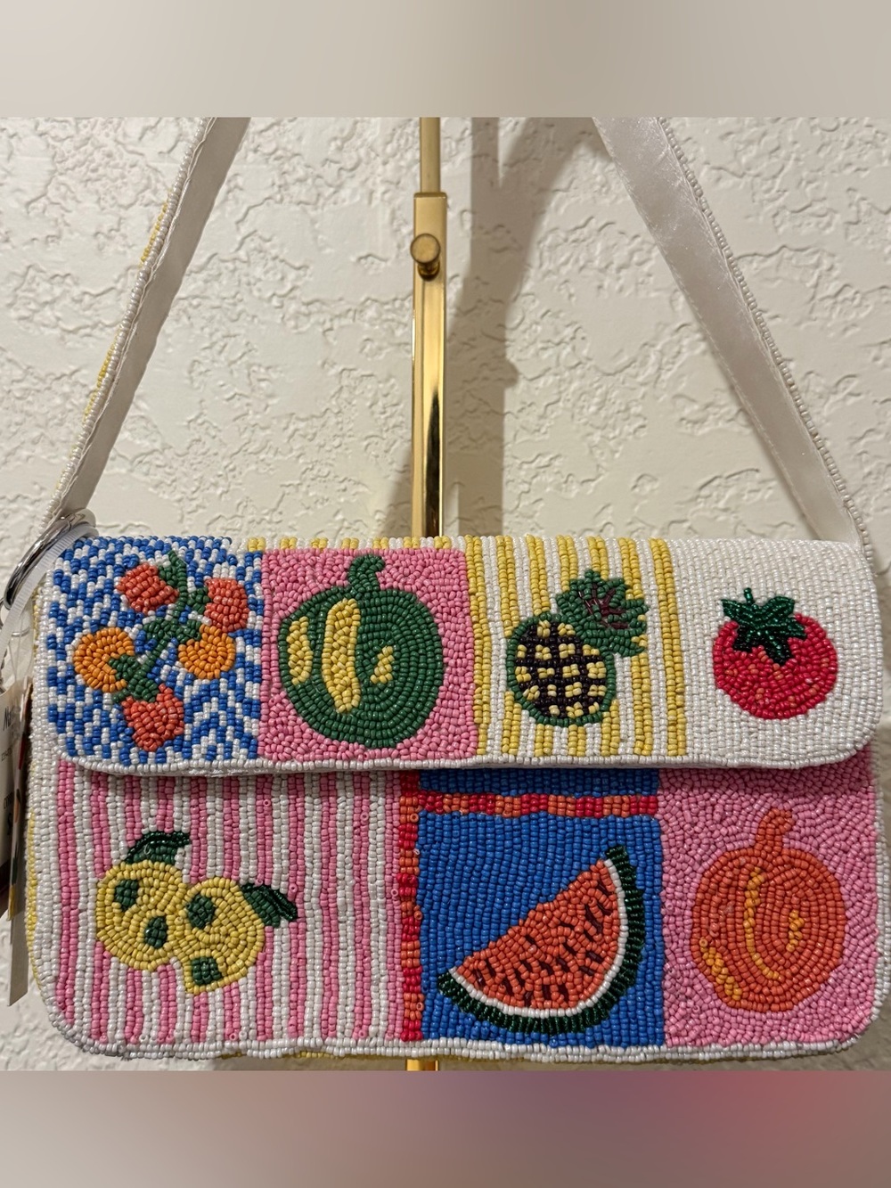 India Boutique White Multicolor Beaded Fruit Patchwork Shoulder Bag - Picture 3 of 4